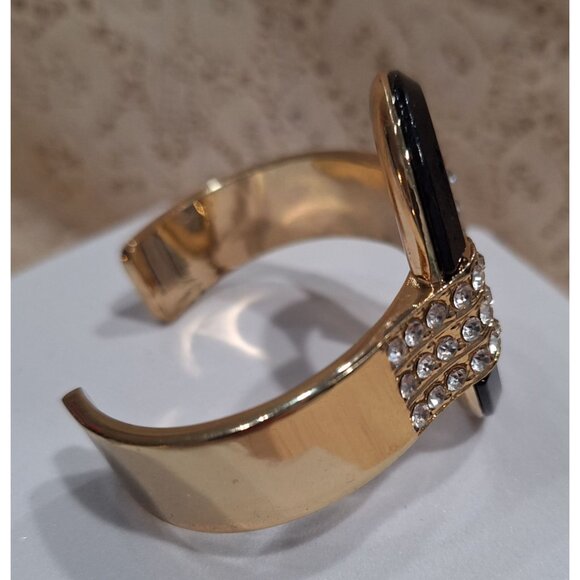 EUC Vintage Gold-Tone & Black Cuff Bangle Bracelet With Clear Rhinestones - Picture 6 of 6